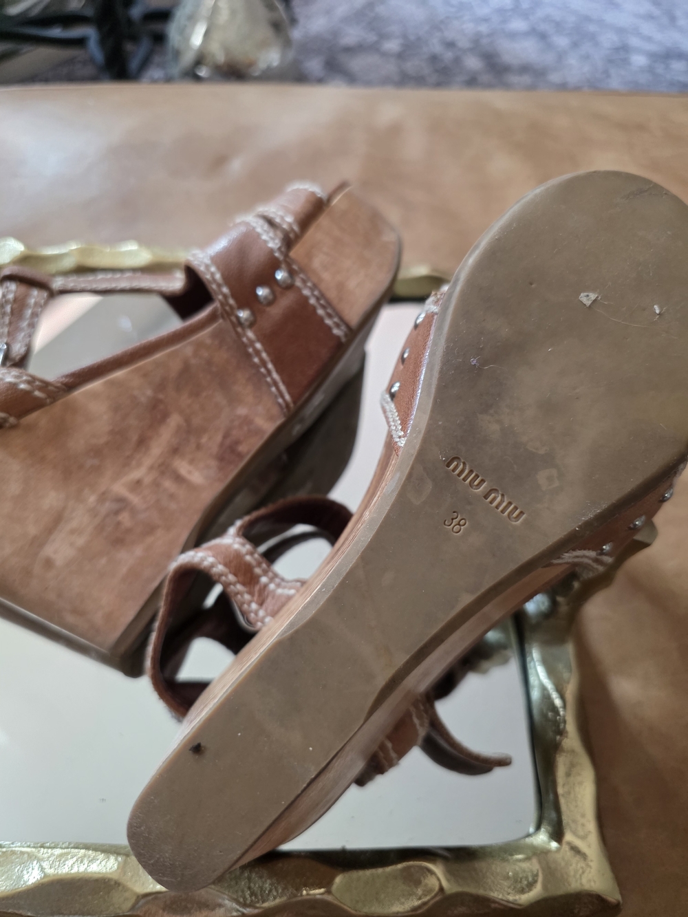Miu Miu Tan Leather Wedge Sandals with Wood-Effect Platform - Picture 3 of 3